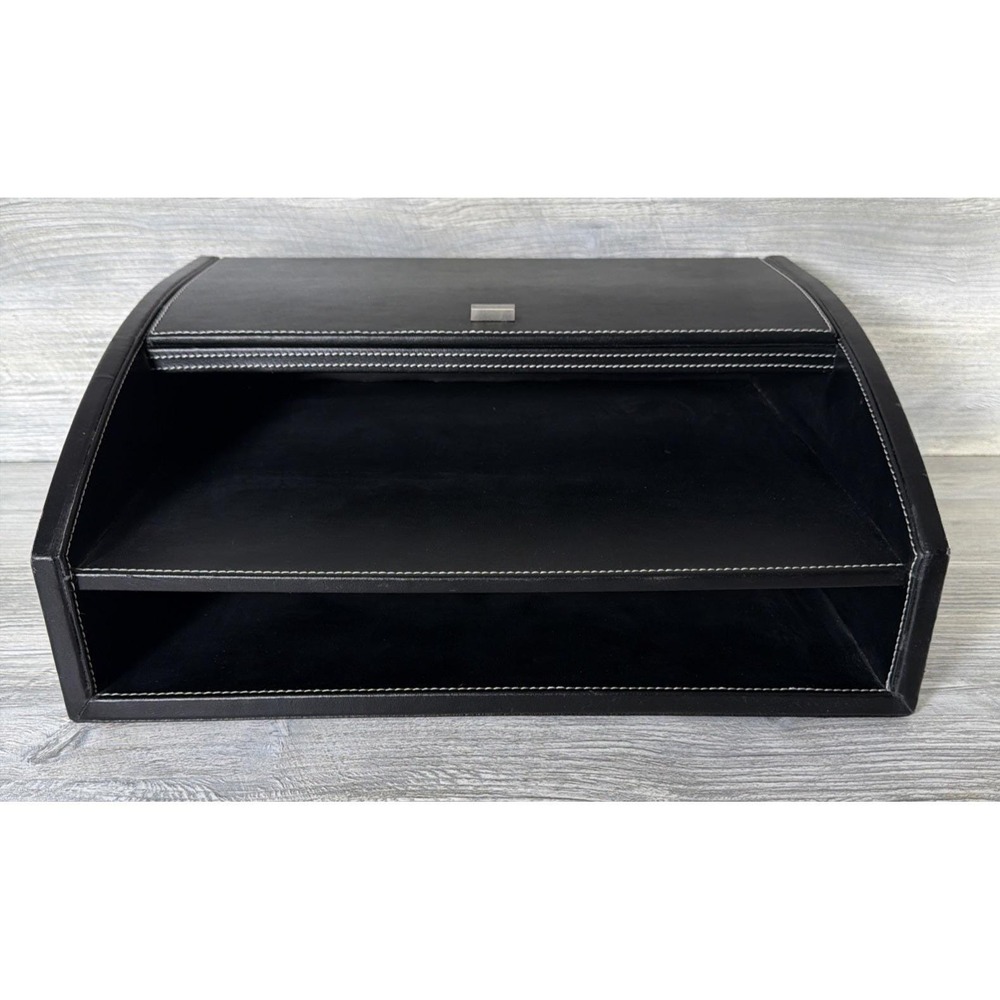 Vtg Faux Leather Desk Box W/ Lid Organizer Writers Box Office MCM 13.5" x 10.5"